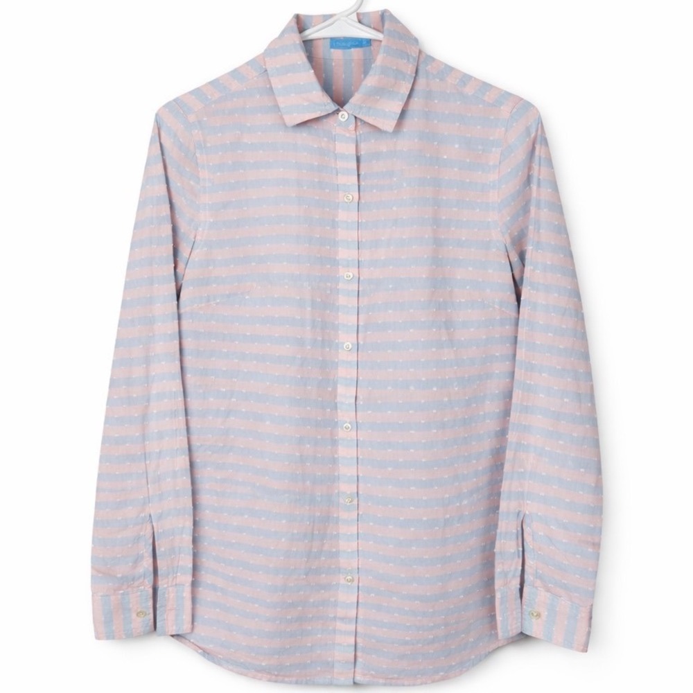 J.McLaughlin Button Up Pink Blue Shirt Swiss Dot Stripe Cotton Long Sleeve XS‎